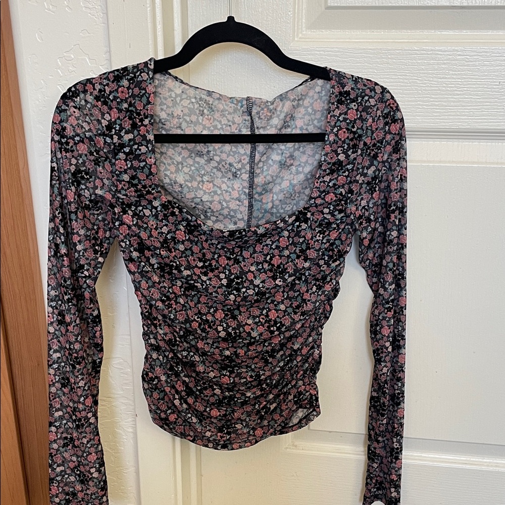 Lulu's Black and Pink Floral Mesh Blouse